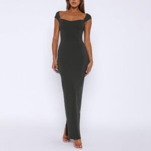 New Elegant Solid Color Square Neck Sleeveless Slim Fit Fishtail Dress Nightclub Dress, Small Tall, Dark Gray