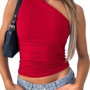Women One Shoulder Going Out Crop Tank Tops Slim Fit Sleeveless Shirts Y2k Cute Top Red